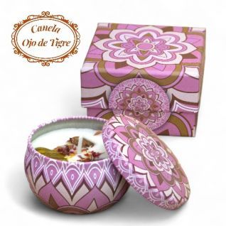 Vela lata con mineral Ojo Tigre y Canela